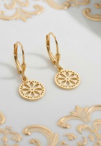 Guldtonade hoopsmycken i form av cirkulära hängen med intrikata blommönster. Designen visar ett fint mönster och en polerad yta.