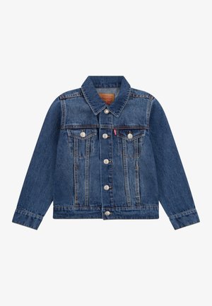 Chaqueta vaquera en azul oscuro. Cuenta con un cuello clásico, cierre de botones en el frente, dos bolsillos en el pecho y costuras contrastantes. Textura suave, mangas largas.