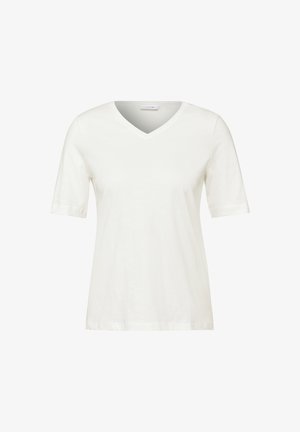 T-shirt bianco in cotone a maniche corte con scollatura a V e orlo diritto. Tessuto morbido, design minimalista, adatto per un abbigliamento casual.