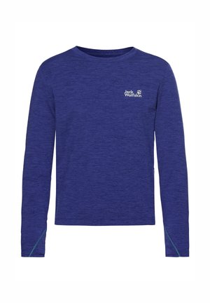 Langärmliges blaues Outdoorhemd mit subtiler Textur und kleinem weißen Jack Wolfskin-Logo auf der oberen linken Brust.