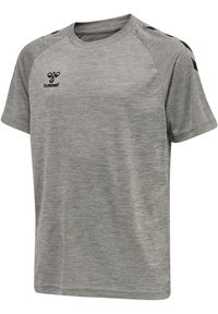 Grå atletisk T-shirt med korte ærmer, lavet af et meleret stof. Har sorte skulderdetaljer og et lille logo på forsiden.