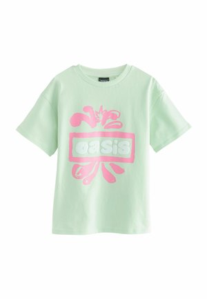 Tricou scurt cu mânecă, de culoare verde mentă, din bumbac, cu un grafic mare roz care spune "oasis", înconjurat de designuri în formă de stropi.