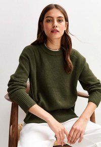 Olivgrüner Strickpullover mit hohem Kragen, gerippten Bündchen und Saum. Trägt über einem hellen Oberteil, präsentiert von einem sitzenden Modell.