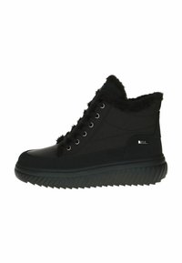 Zwarte hoge sneakers met een zachte faux fur-kraag, een gladde synthetische bovenkant en een rubberen zool met een structuur in zigzagpatroon.