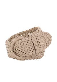 Gewebter beiger Leder Gürtel mit einer großen runden Schnalle, einem aufwändigen geflochtenen Design und einer strukturierten Oberfläche.