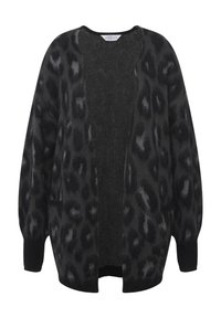 Cardigan imprimé léopard noir et gris, coupe ample, avec ouverture sur le devant et manches longues. Confectionné en tissu texturé avec des poignets côtelés.