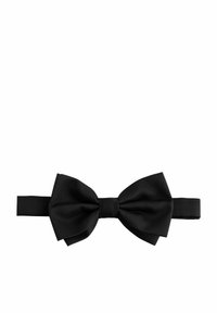 Black bow tie made of textured fabric, featuring a classic shape with a central knot and adjustable strap for fitting.