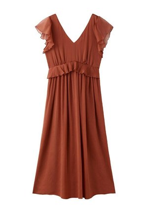 Rust-orange midi dress with ruffled cap sleeves, deep V-neck, and a ruffle detail at the waist, made of lightweight, flowing fabric.
