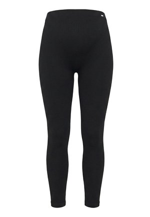 Zwarte geribbelde leggings met hoge taille, volledig lang, met een klein wit logo op de bovenste linkerkant van de tailleband.