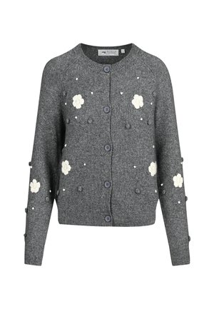 Grau-Cardigan mit Rundhalsausschnitt, vorderen Knöpfen und weißer Blumenstickerei. Verfügt über strukturierte Details und kleine dekorative Knöpfe.