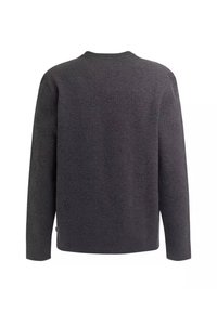 Dunkelgrauer Pullover mit strukturiertem Muster, langen Ärmeln und geripptem Kragen. Verfügt über ein geprägtes Design auf dem gesamten Stoff.