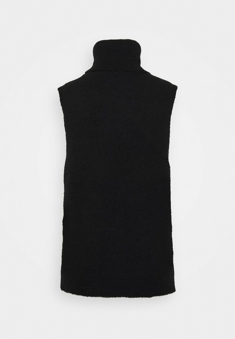 Veste pull sans manches noire à col roulé avec un motif en tricot texturé, vue de dos sur fond blanc uni.