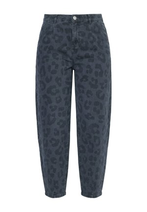 Ciemnoszare, wysokie w talii, zwężane spodnie z subtelnym czarnym wzorem w cętki, przednimi kieszeniami i zapięciem na guzik w pasie.