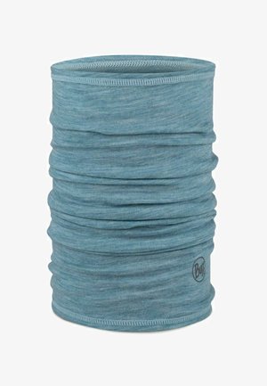 Blue tubular fabric neck gaiter with a soft texture, seamless design, and subtle heathered pattern. Features a logo near the bottom edge.