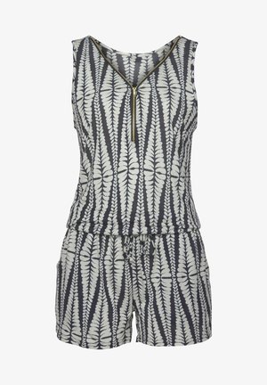 Ärmelloser Jumpsuit mit V-Ausschnitt und goldfarbenem Reißverschluss, gemustert mit weißen Farnblättern auf dunklem Hintergrund. Elastischer Bund und seitliche Taschen.