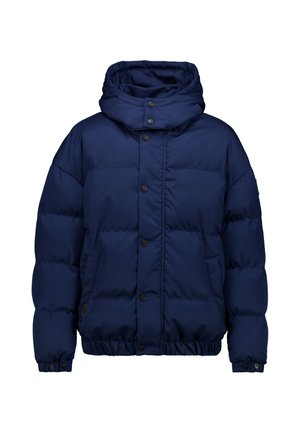 Dunkelblaue Steppjacke mit Kapuze, vorderen Druckknöpfen, zwei Seitentaschen, elastischen Bündchen und elastischem Saum, auf weißem Hintergrund präsentiert.