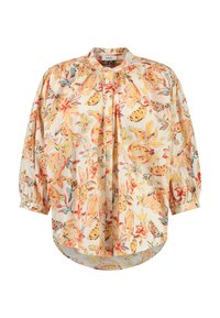Blouse fleurie en tissu léger, présentant des motifs orange, jaune et bleu. Possède un col montant et des manches bouffantes avec des poignets élastiques.