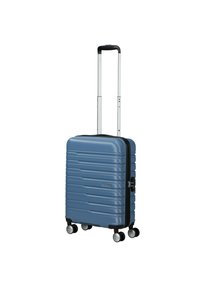 Valise rigide bleue avec des lignes horizontales texturées, quatre roues pivotantes, une poignée télescopique et une fermeture éclair. Design compact et durable.