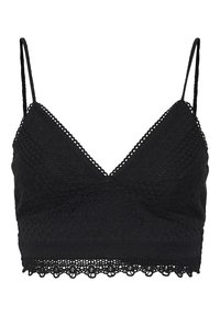Černý krajkový bralet s tenkými nastavitelnými ramínky, V-výstřihem, květinovými a kruhovými háčkovanými vzory a vlnitým lemem.