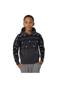 Sweatshirt de capuz cinza escuro com um padrão decorativo com realces brancos e cinza mais claro. Punhos e bainha canelados. Mangas compridas.
