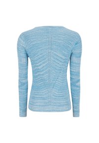 Ljusblå långärmad tröja med ribbad textur, som har en V-formad söm baktill och en subtil gradientmönster över tyget.