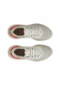 Light gray athletic shoes with a breathable mesh upper, pink accents, and a flexible sole; laces and a padded collar included.