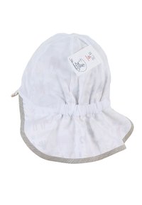 Weißer Baumwollbucket-Hut mit einem rüschenden Rand, dezenten Tiermustern und einem gestreiften grauen Akzent am Rand. Etikett innen eingenäht.