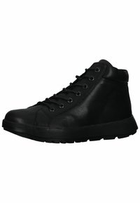 Czarne skórzane sneakersy typu high-top z okrągłym noskiem, sznurowaniem i textured oznaczeniami po bokach. Zaprojektowane z grubą gumową podeszwą dla zwiększonej trwałości.
