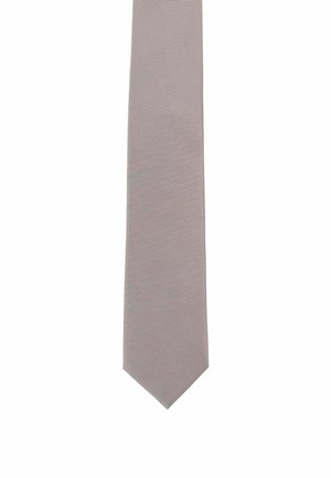 Gray tie with a subtle textured pattern, triangular tip, and an elongated shape. Made from smooth fabric, designed for formal occasions.