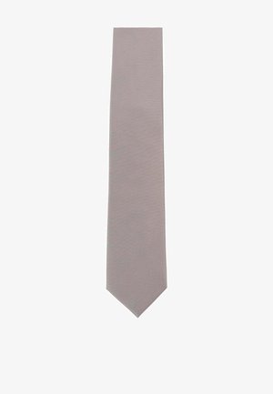 Gray tie with a subtle textured pattern, triangular tip, and an elongated shape. Made from smooth fabric, designed for formal occasions.