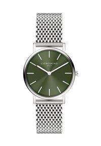 Runde grüne Ziffernblatt-Uhr mit silbernen Stundenmarkierungen, Edelstahl-Mesh-Armband und einem polierten Metallgehäuse. Markenname: LIEBESKIND BERLIN.