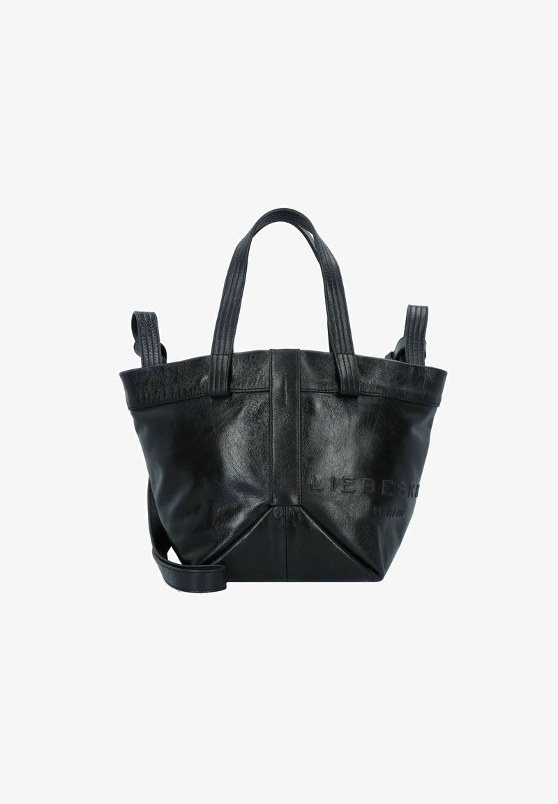 Sac tote en cuir noir avec des poignées texturées, présentant une forme structurée et un nom de marque embossé sur le côté. Double anses et bandoulière réglable.