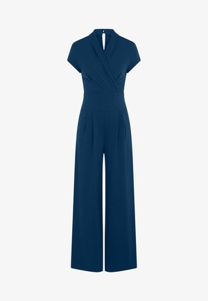 Navy blue jumpsuit with a wrap front, short sleeves, and wide-leg trousers; features a fitted waist and a keyhole opening at the back.