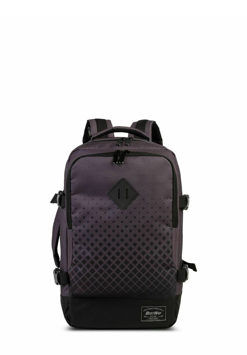 Rugzak met een verloop in paarse en zwarte kleuren, uitgerust met een diamantaccent, ritssluitingen, zijzakken en gevoerde schouderbanden.