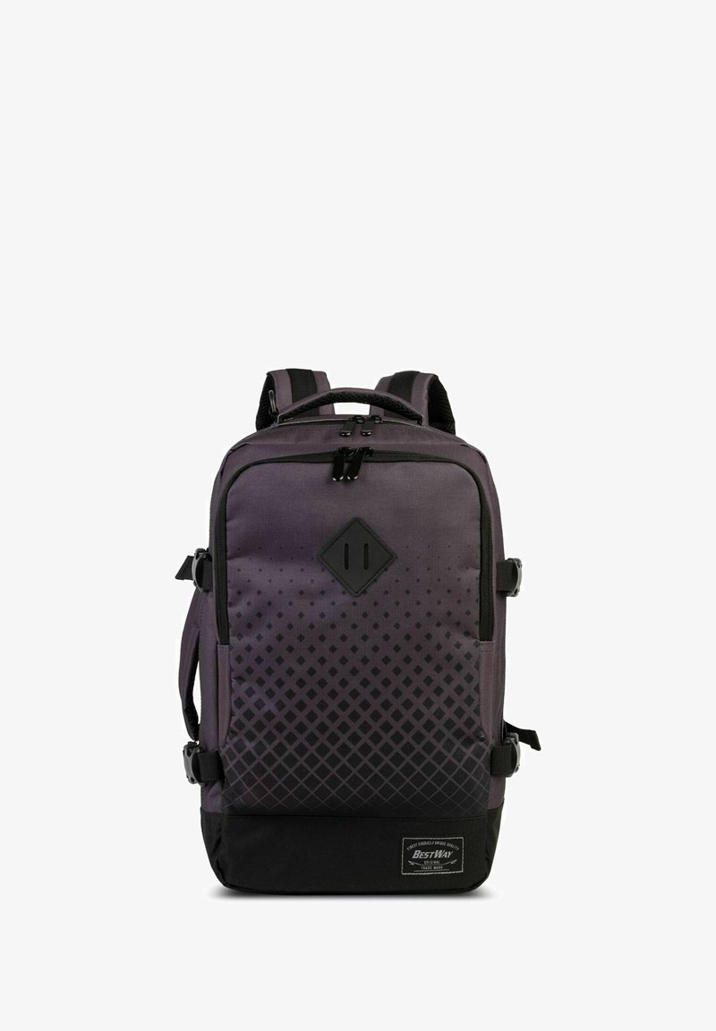 Rugzak met een verloop in paarse en zwarte kleuren, uitgerust met een diamantaccent, ritssluitingen, zijzakken en gevoerde schouderbanden.