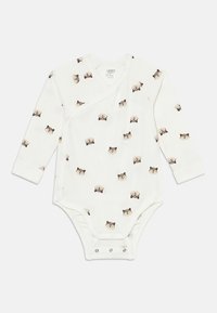 Body per neonati a maniche lunghe in cotone bianco con design avvolgente, caratterizzato da un motivo ripetuto di gufi cartoni animati in tonalità beige e marrone.