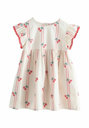 Baumwollkleid mit kurzen, gerafften Ärmeln, Rundhalsausschnitt und ausgestelltem Rock. Das Design zeigt rote Kirschen und grüne Blätter auf cremefarbenem Hintergrund.