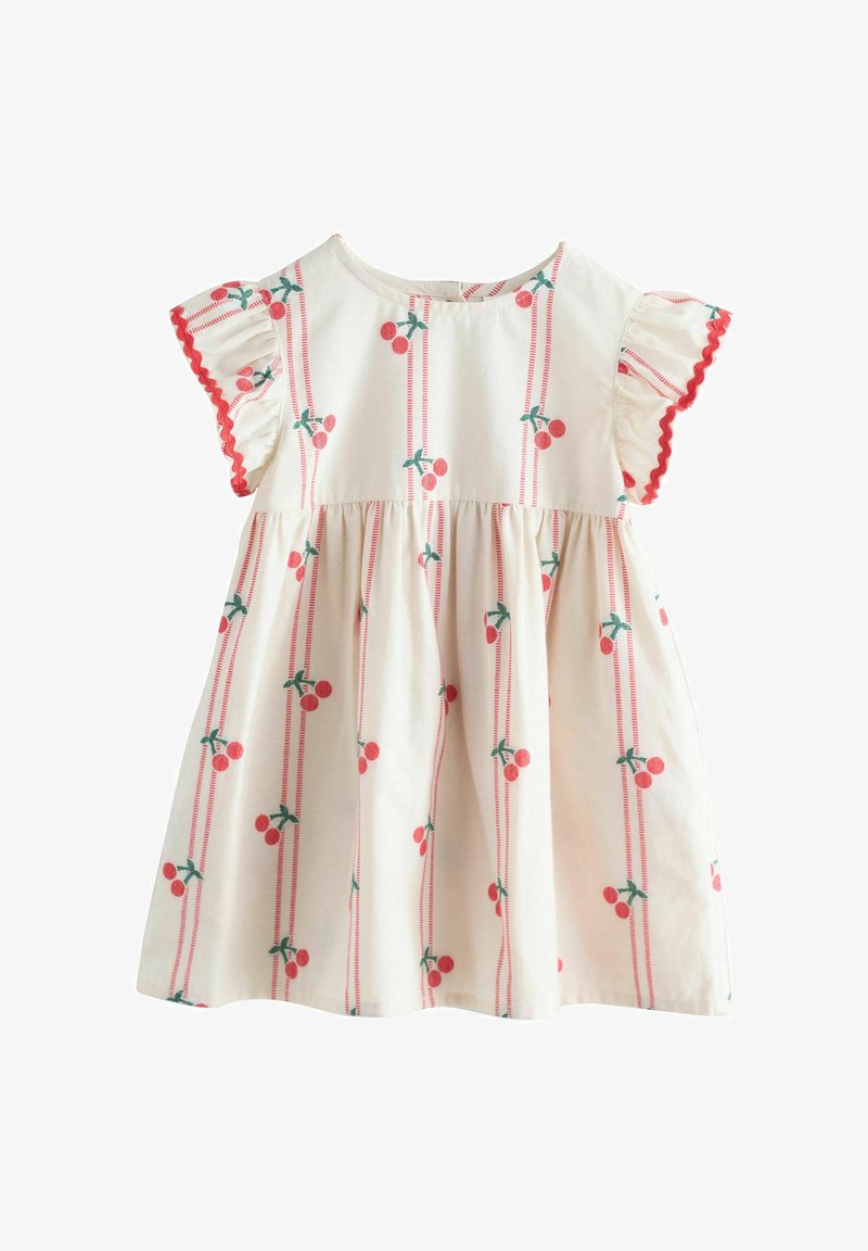Pamut ruha, rövid fodros ujjakkal, kerek nyakkal és bővülő szoknyával. A mintán piros cseresznye és zöld levelek láthatók krémszínű háttéren.