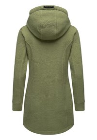 Fleece jacket in olive green with a textured finish, long sleeves, and a spacious hood. Features curved seams and a rounded hem.
