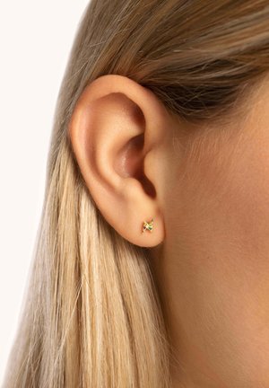 Orecchini a perno a forma di farfalla in oro con accenti di gemme colorate, caratterizzati da ali delicate e una finitura lucida, indossati su un orecchio.