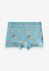 Pantalones cortos de algodón azules con un divertido patrón de jirafas y arcoíris, con una cinturilla azul sólida y estrellas amarillas brillantes por toda la prenda.