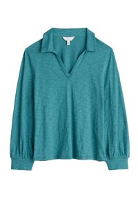 Maglietta a maniche lunghe color teal con colletto, scollatura a V e polsini arricciati. Realizzata in un tessuto leggero e testurizzato.