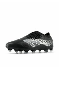 Black soccer cleat with a textured synthetic upper, featuring a prominent white logo and transparent studs. Sleek design and low-profile silhouette.