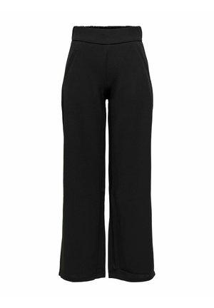 Czarne spodnie o szerokich nogawkach z zwężającym się fasonem, elastycznym pasem i kieszeniami bocznymi. Wykonane z gładkiego, elastycznego materiału.