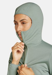 Haut à capuche vert en tissu léger avec un demi-zip à l'avant. Design ajusté avec une texture lisse et des détails de couture minimalistes.