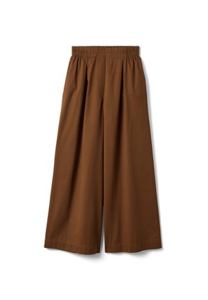Pantalon large marron avec taille élastique et plis, coupe ample, longueur chevilles, présenté à plat sur fond blanc.