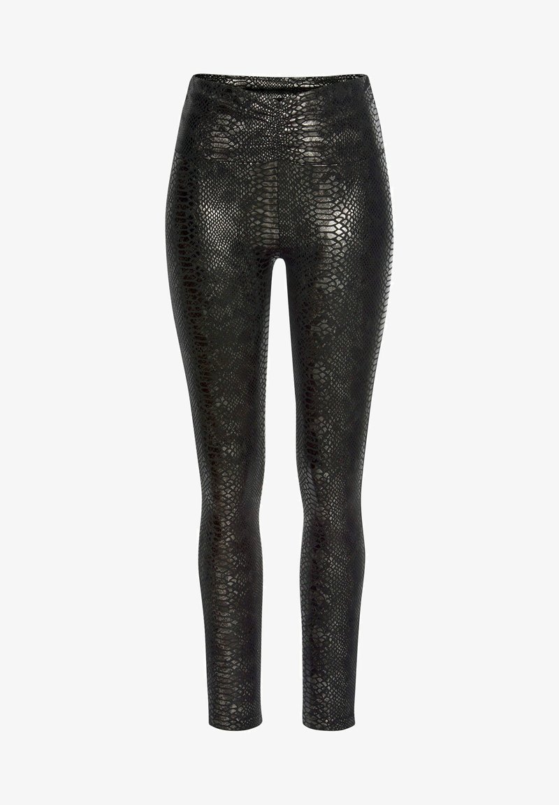 Leggings noirs à motif peau de serpent, dotés d'une taille haute et d'une texture brillante, conçus pour épouser étroitement les jambes.