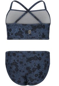 Ensemble de maillot de bain bleu marine comprenant un haut bralette à motifs avec des bretelles croisées et un bas assorti, tous deux ornés de designs floraux et d'une texture lisse.
