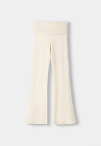 Light cream flared leggings with a wide ribbed waistband, made from soft, stretchy fabric. Smooth texture with a tailored design.