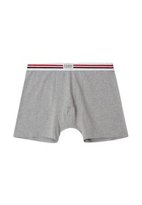 Grå boxershorts i mjuk tyg med en vit, röd och svart randig midja med logodetaljer.